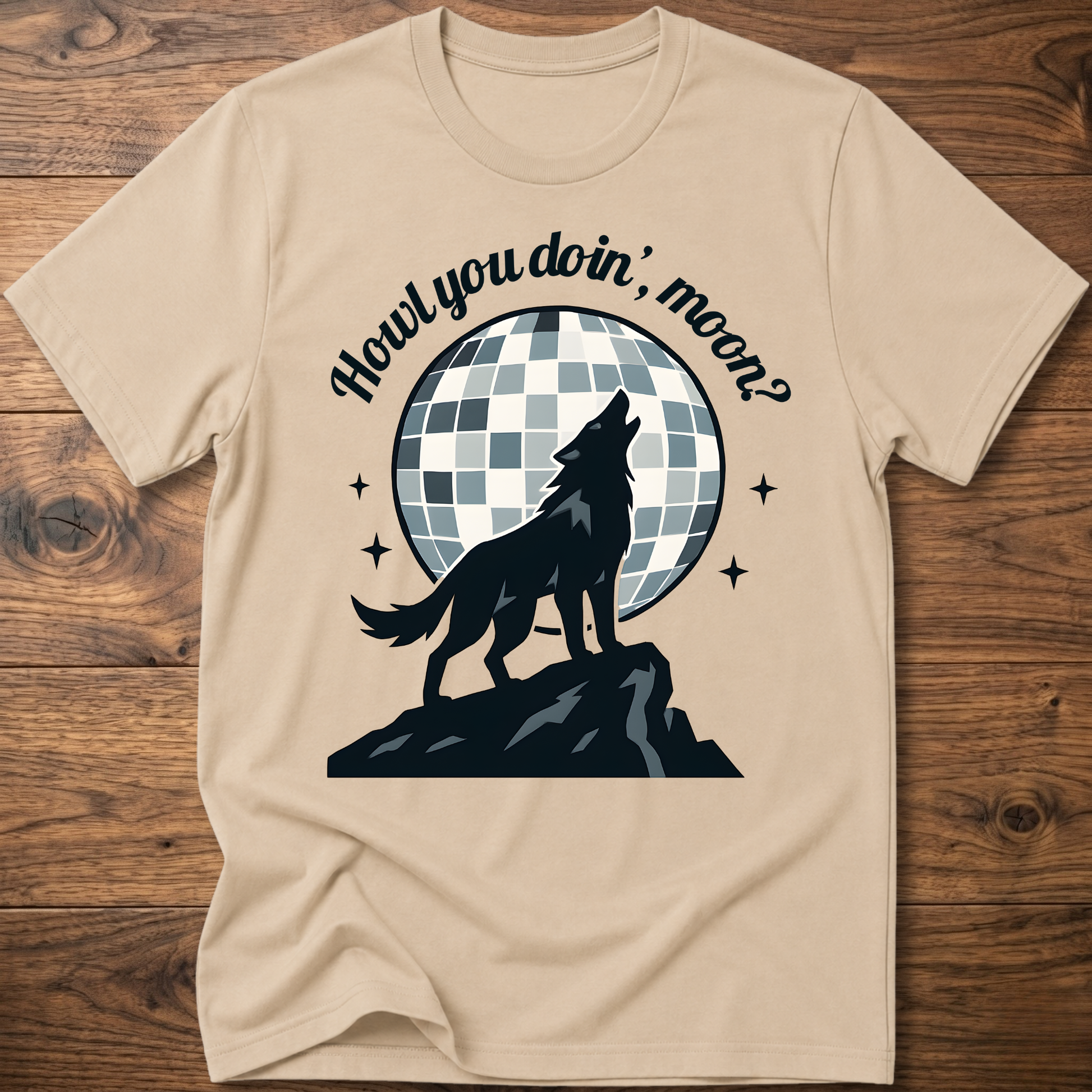 Beige wolf graphic T-shirt with circular check background and slogan text