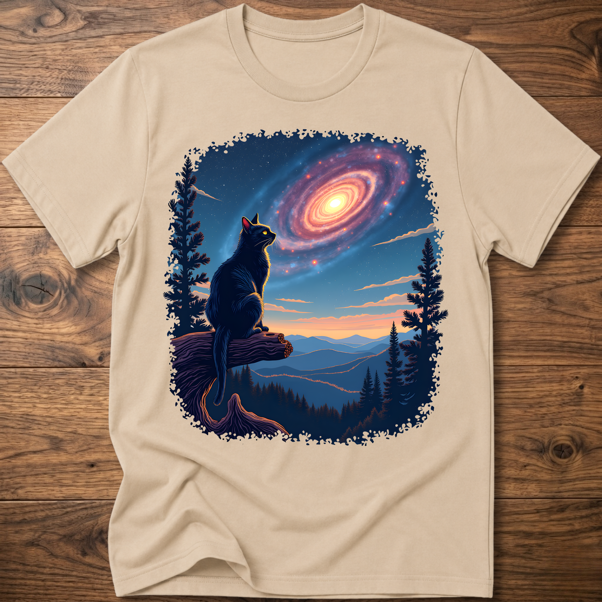 Sand beige cat galaxy t-shirt with standing cat, spiral nebula, forest trees