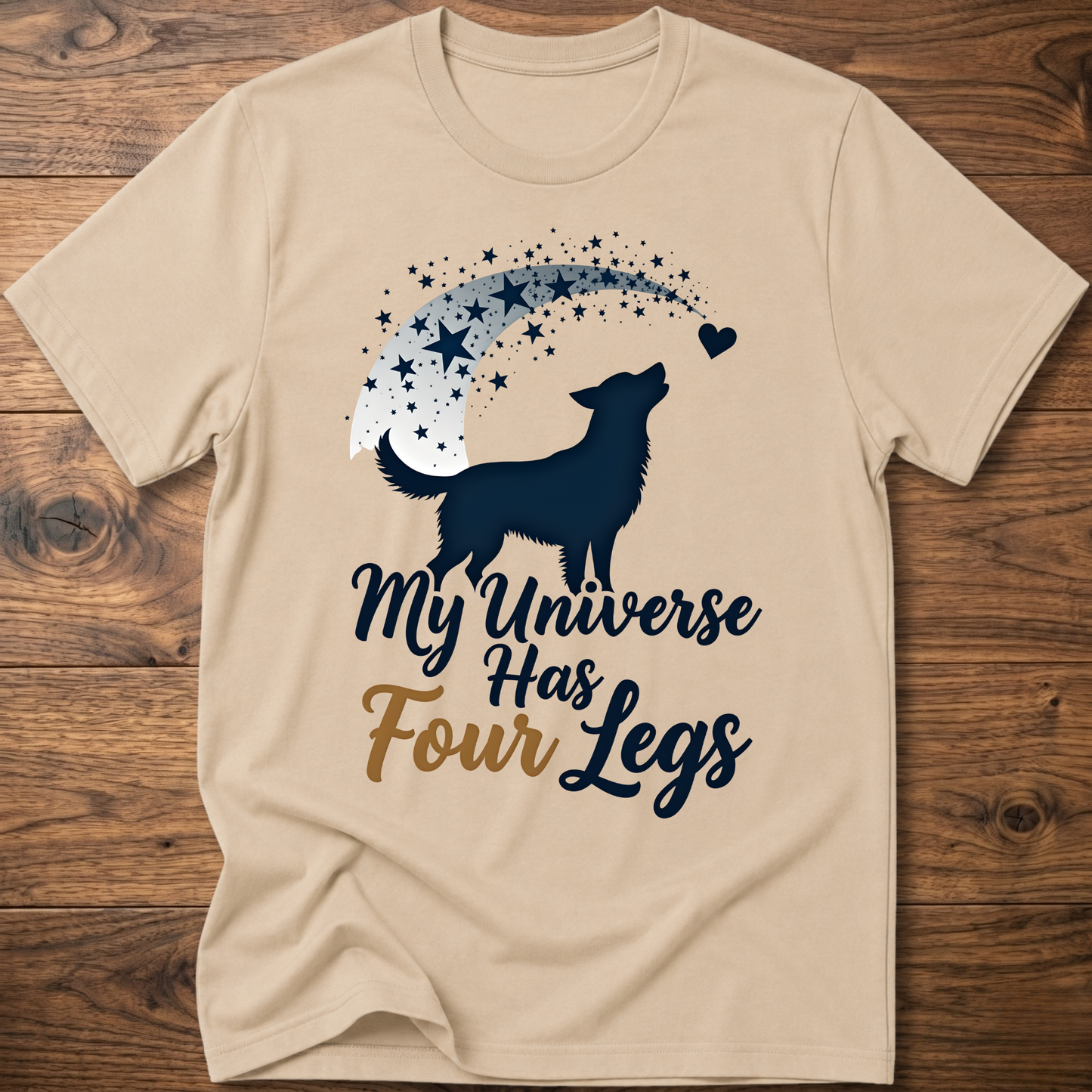Beige dog graphic crew-neck T-shirt with 'My Universe Has Four Legs' text