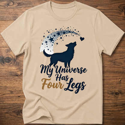 Beige dog graphic crew-neck T-shirt with 'My Universe Has Four Legs' text