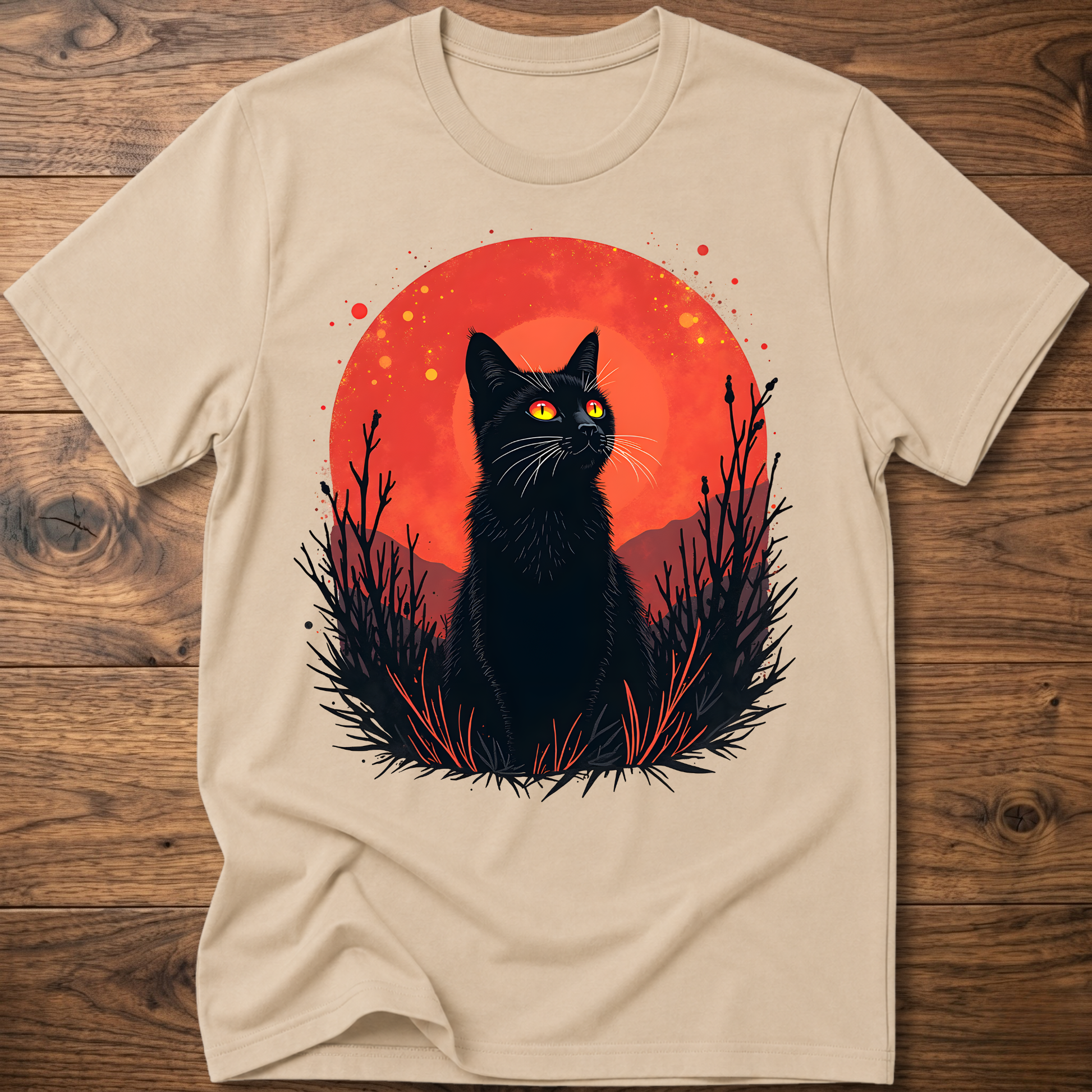 Beige T-shirt with black cat graphic in red-orange halo and night-plant silhouettes