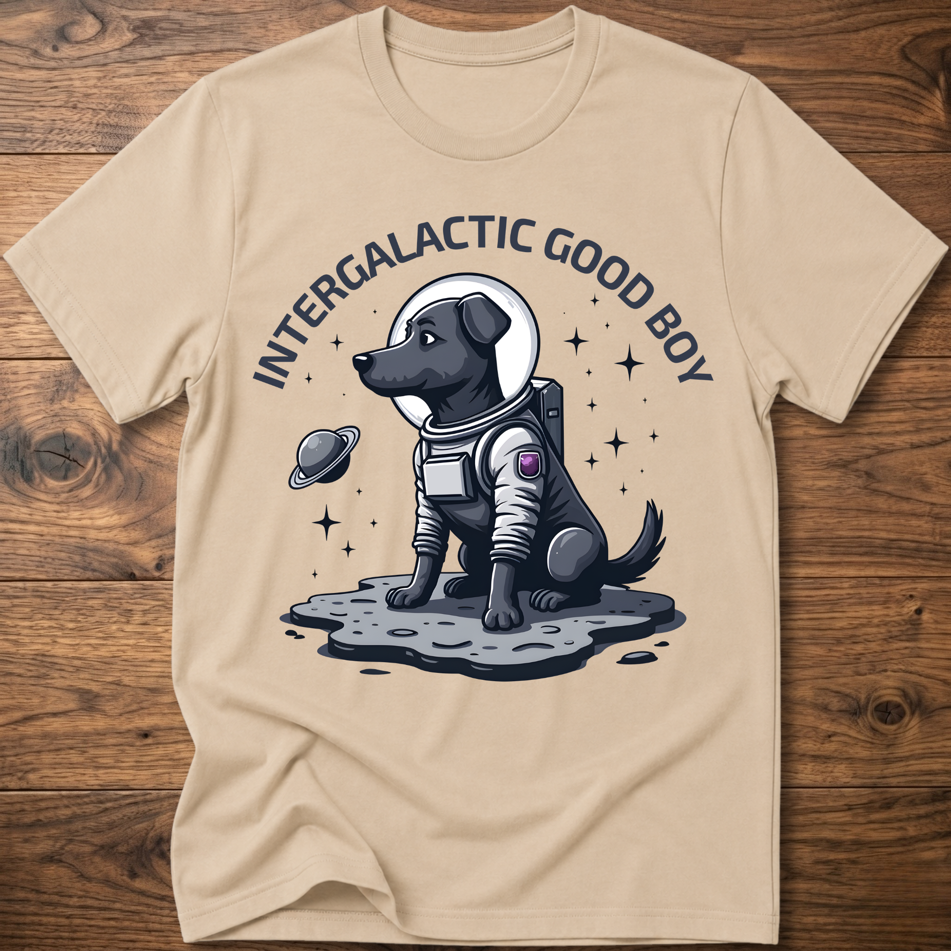 Beige “Intergalactic Good Boy” dog graphic T-shirt with short sleeves