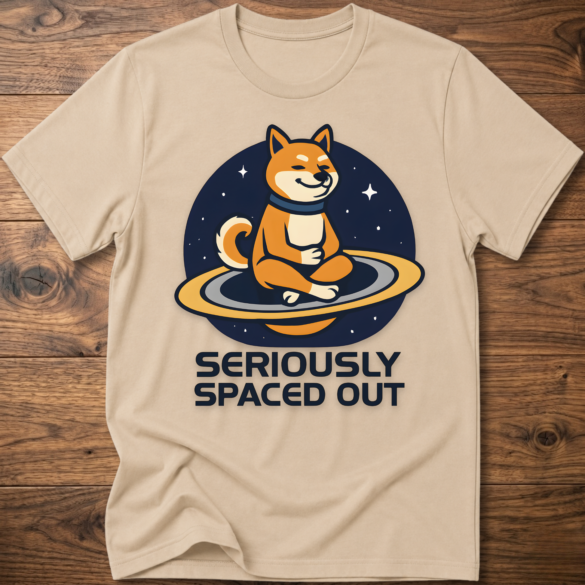 Beige dog astronaut graphic t-shirt with "SERIOUSLY SPACED OUT" text
