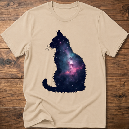 Sand t-shirt with galaxy cat graphic on the front