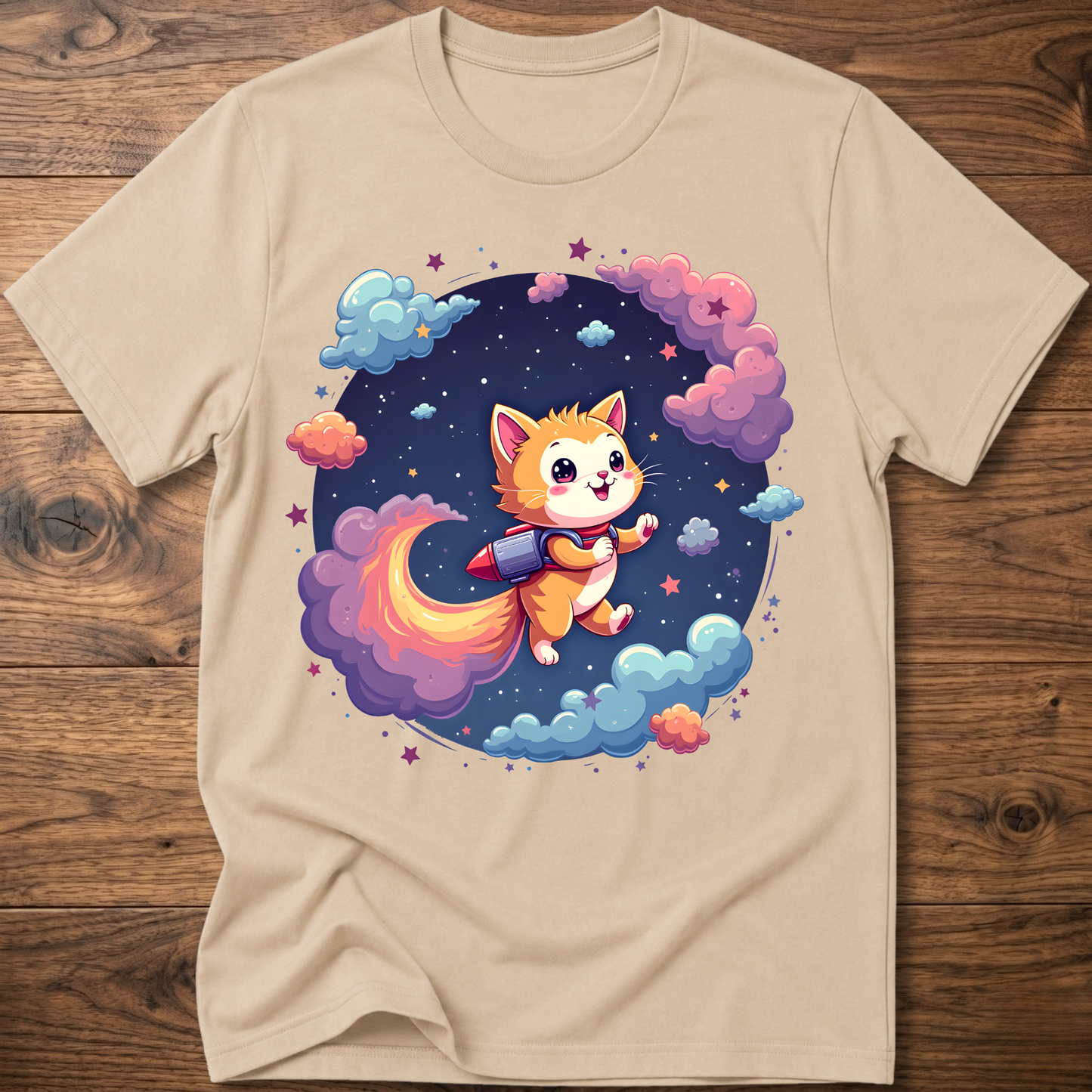 Sand kids' graphic T-shirt with smiling orange astronaut cat in a galaxy wreath