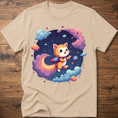 Sand kids' graphic T-shirt with smiling orange astronaut cat in a galaxy wreath