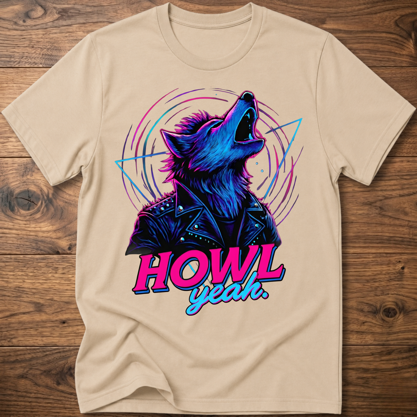 Sand-colored wolf graphic t-shirt with neon 'Howl Yeah' text print