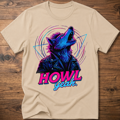 Sand-colored wolf graphic t-shirt with neon 'Howl Yeah' text print