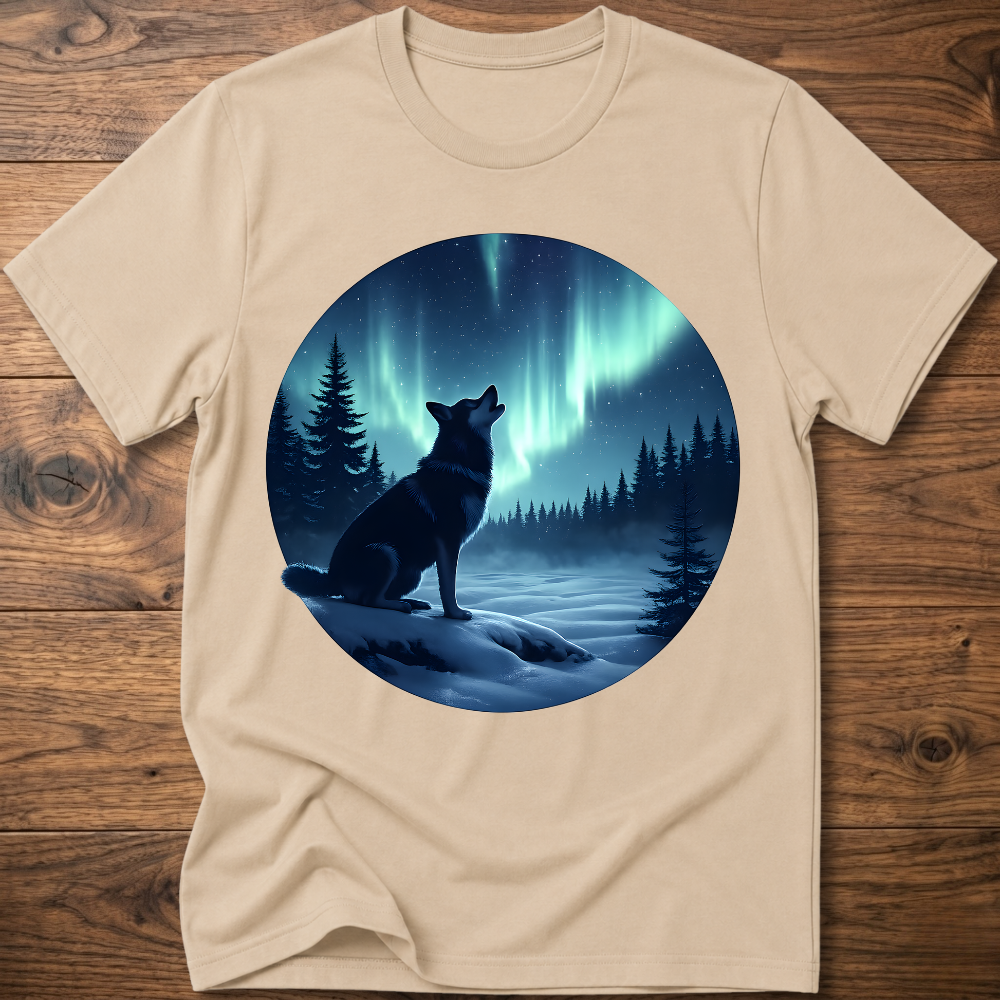 Sand dog graphic t-shirt with circular aurora scene and dog silhouette
