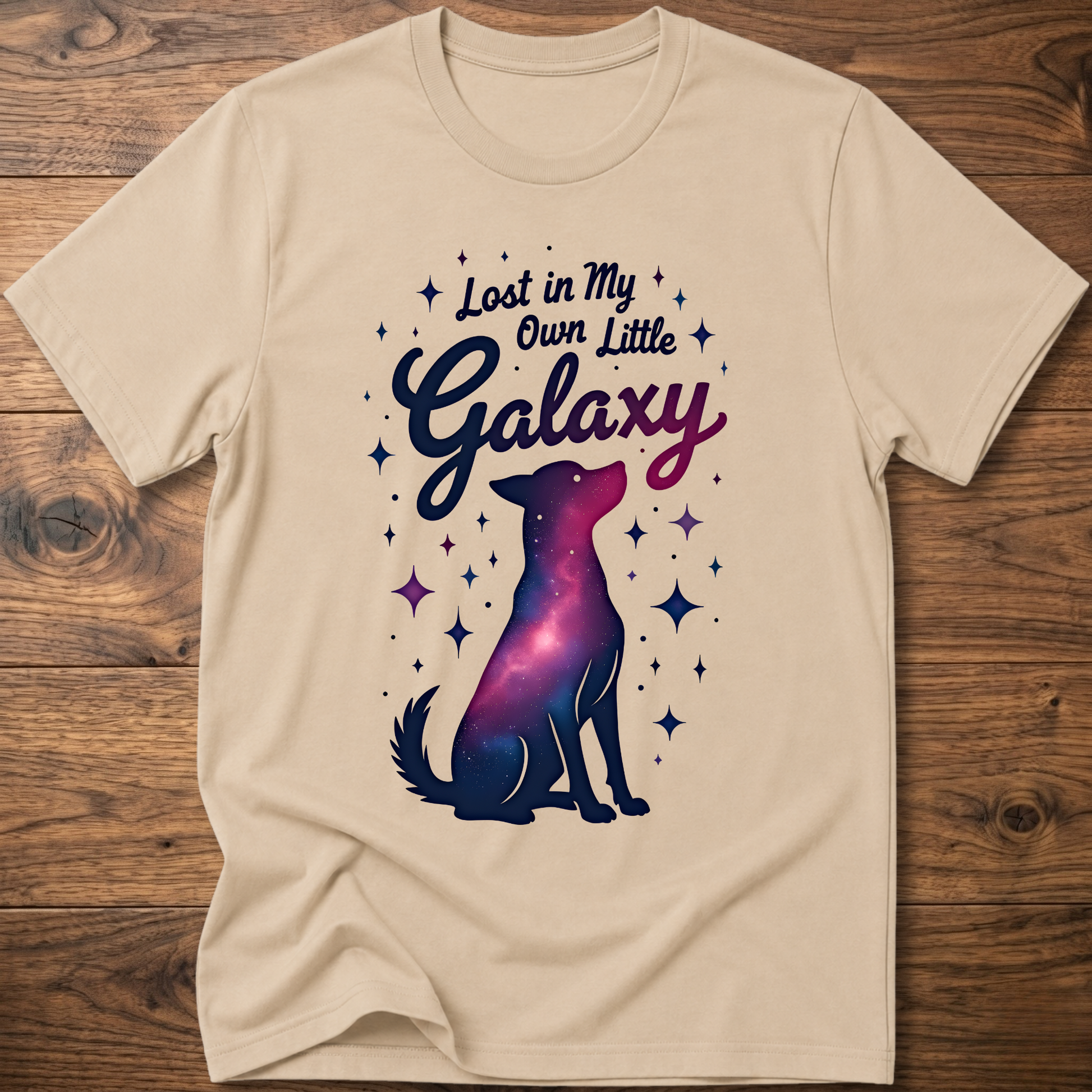 Sand beige crewneck dog T-shirt with galaxy graphic and dotted stars