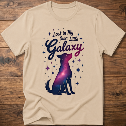 Sand beige crewneck dog T-shirt with galaxy graphic and dotted stars