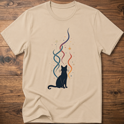 Beige crew-neck T-shirt with black cat silhouette and multicolor line graphic
