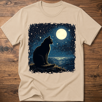 Sand T-shirt with black cat under moonlit night sky graphic, short sleeves