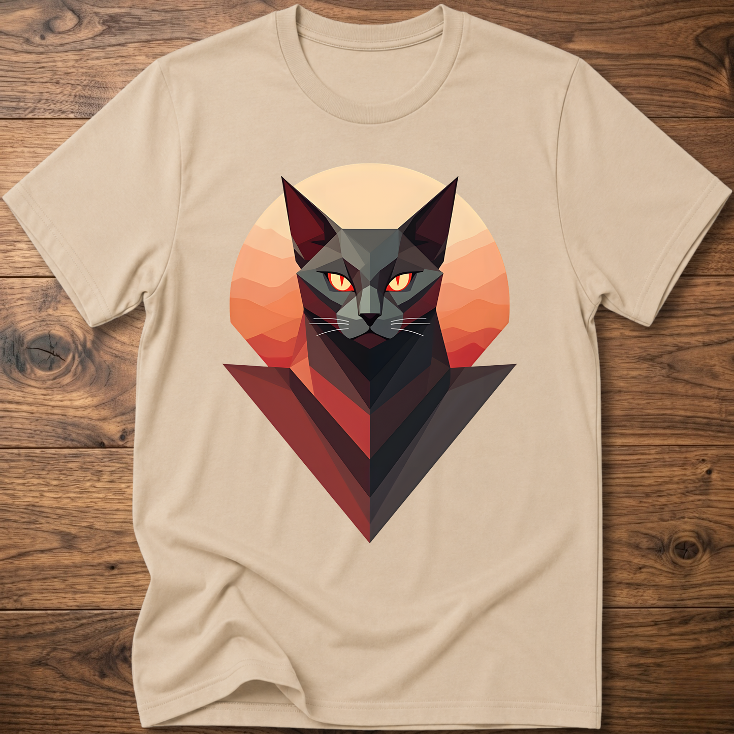 Sand/beige crew-neck cat geometric graphic T-shirt, short sleeves, red angular cat design