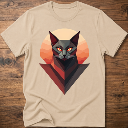 Sand/beige crew-neck cat geometric graphic T-shirt, short sleeves, red angular cat design