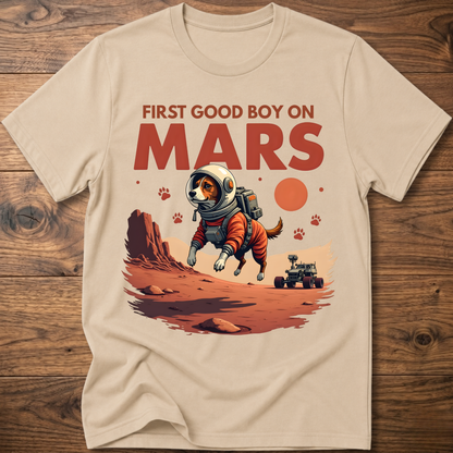 Sand crewneck t-shirt with astronaut dog and 'First Good Boy on Mars' graphic