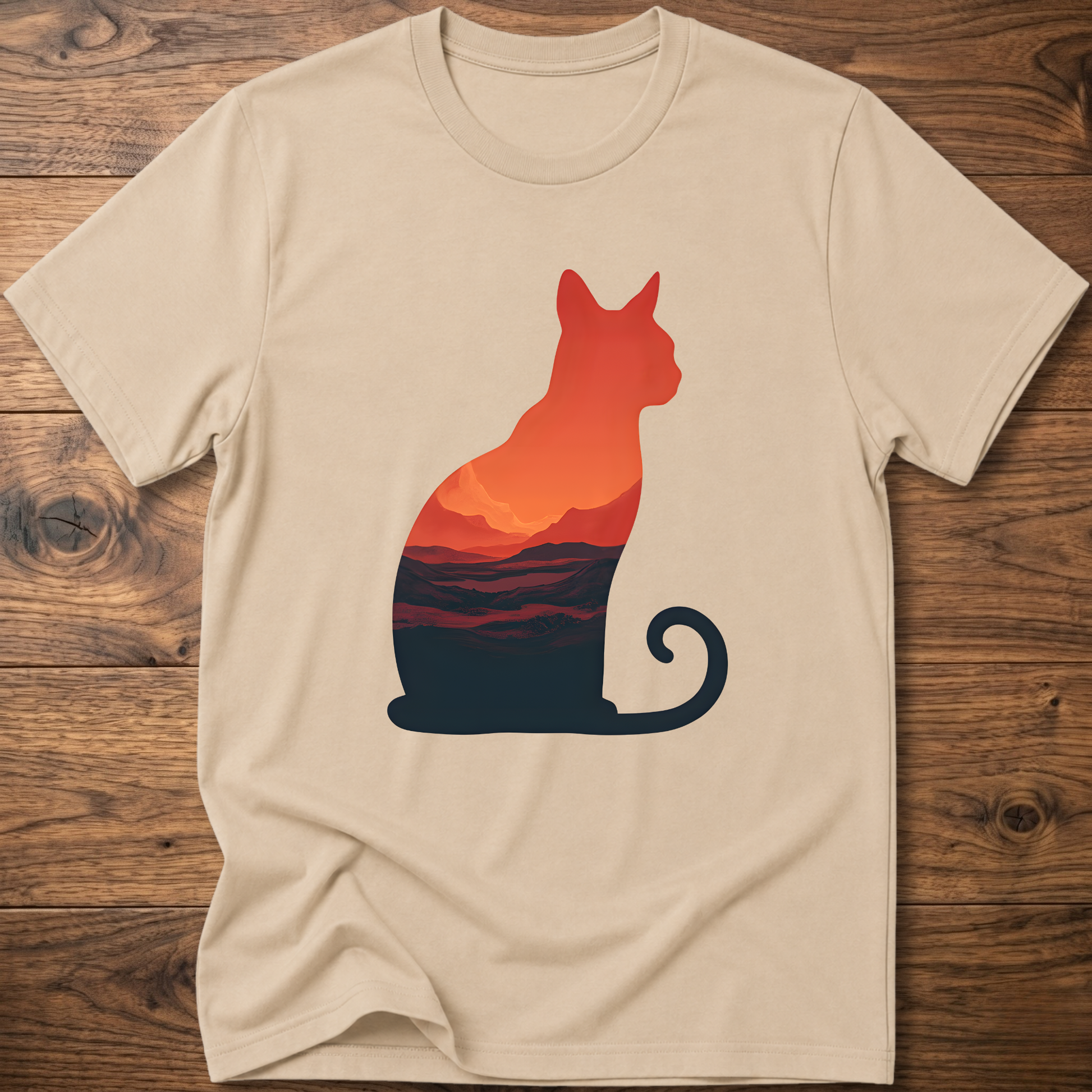 Martian cat graphic t-shirt, sand beige; orange cat sunset landscape print