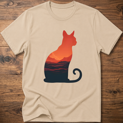 Martian cat graphic t-shirt, sand beige; orange cat sunset landscape print