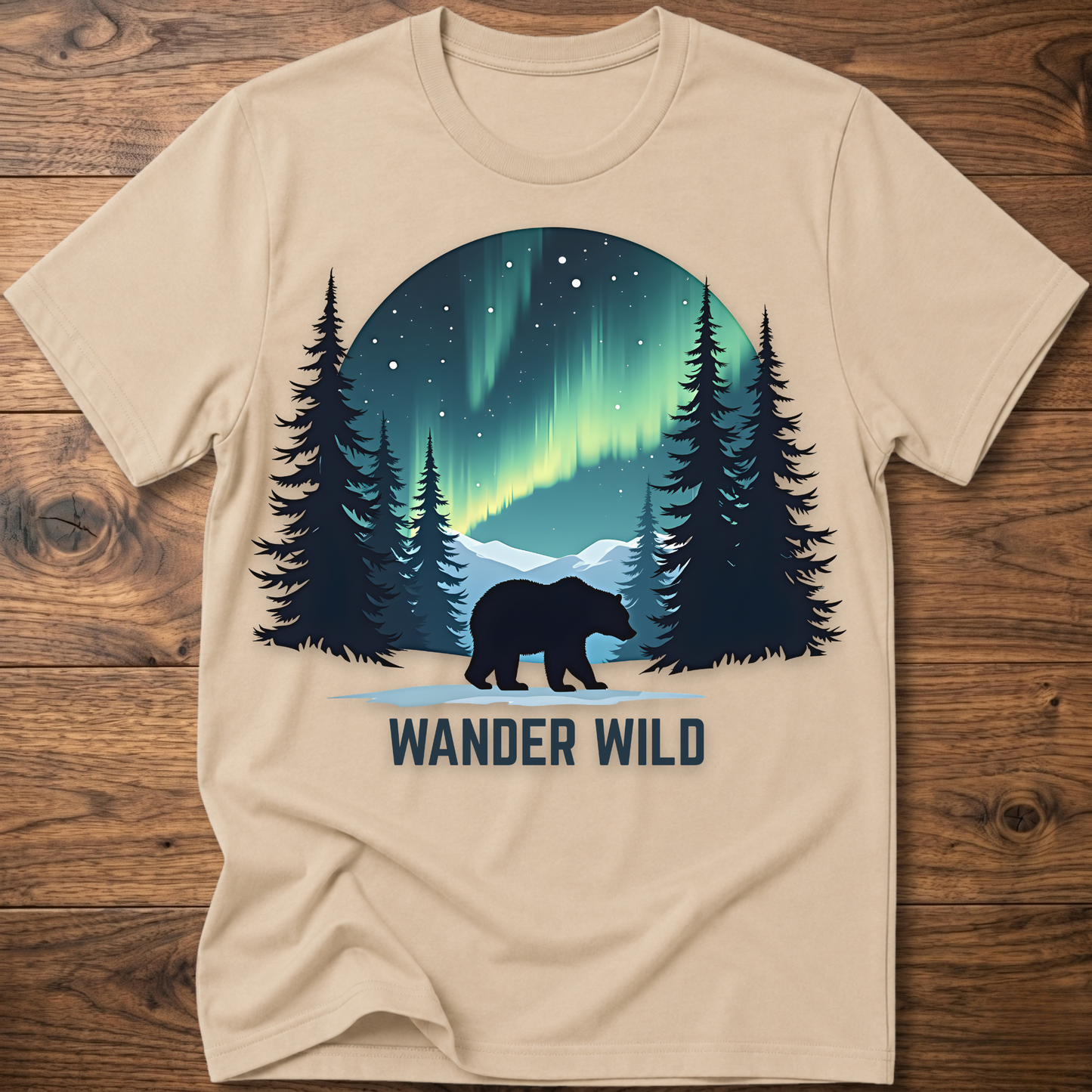 Sand crew-neck t-shirt with bear in forest graphic and 'Wander Wild' text