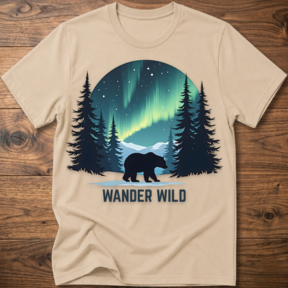 Sand crew-neck t-shirt with bear in forest graphic and 'Wander Wild' text