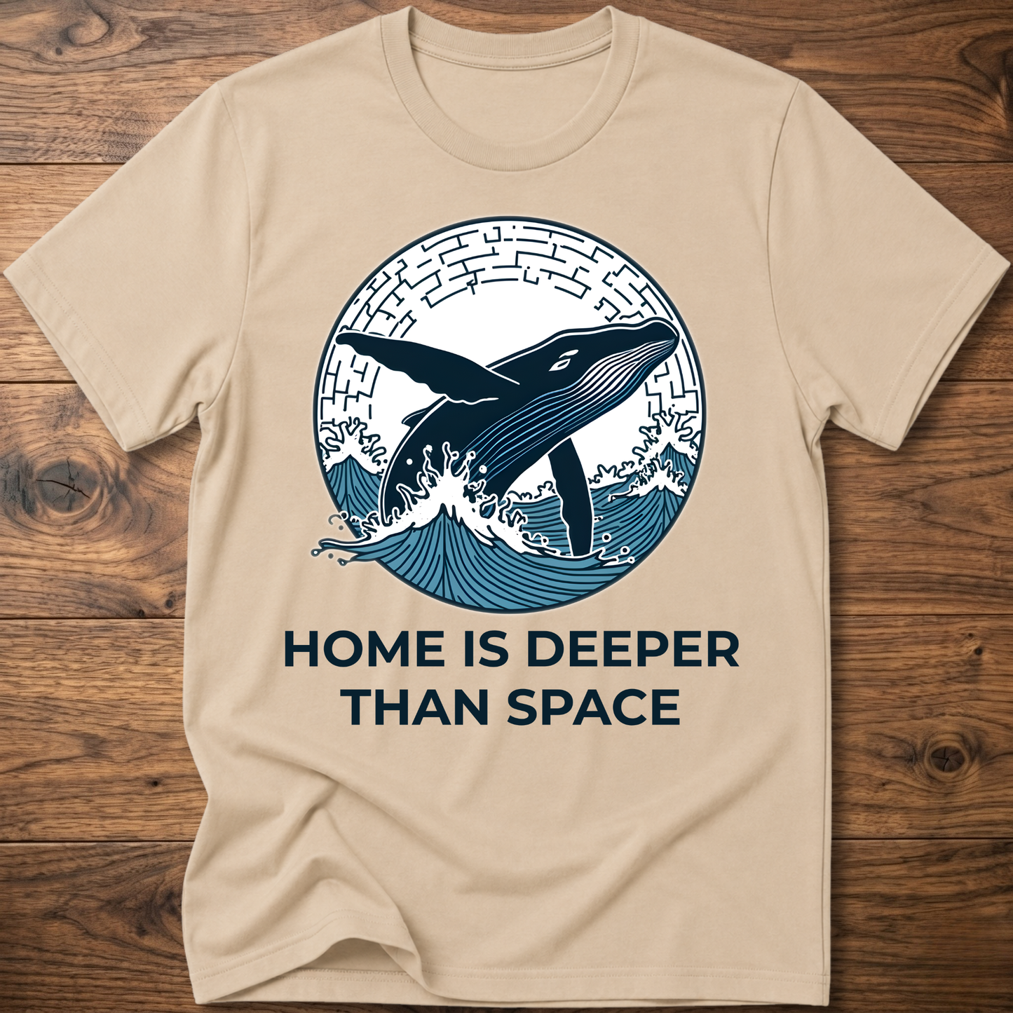 Sand/beige T-shirt with whale surf graphic and “HOME IS DEEPER THAN SPACE” text