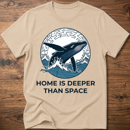 Sand/beige T-shirt with whale surf graphic and “HOME IS DEEPER THAN SPACE” text