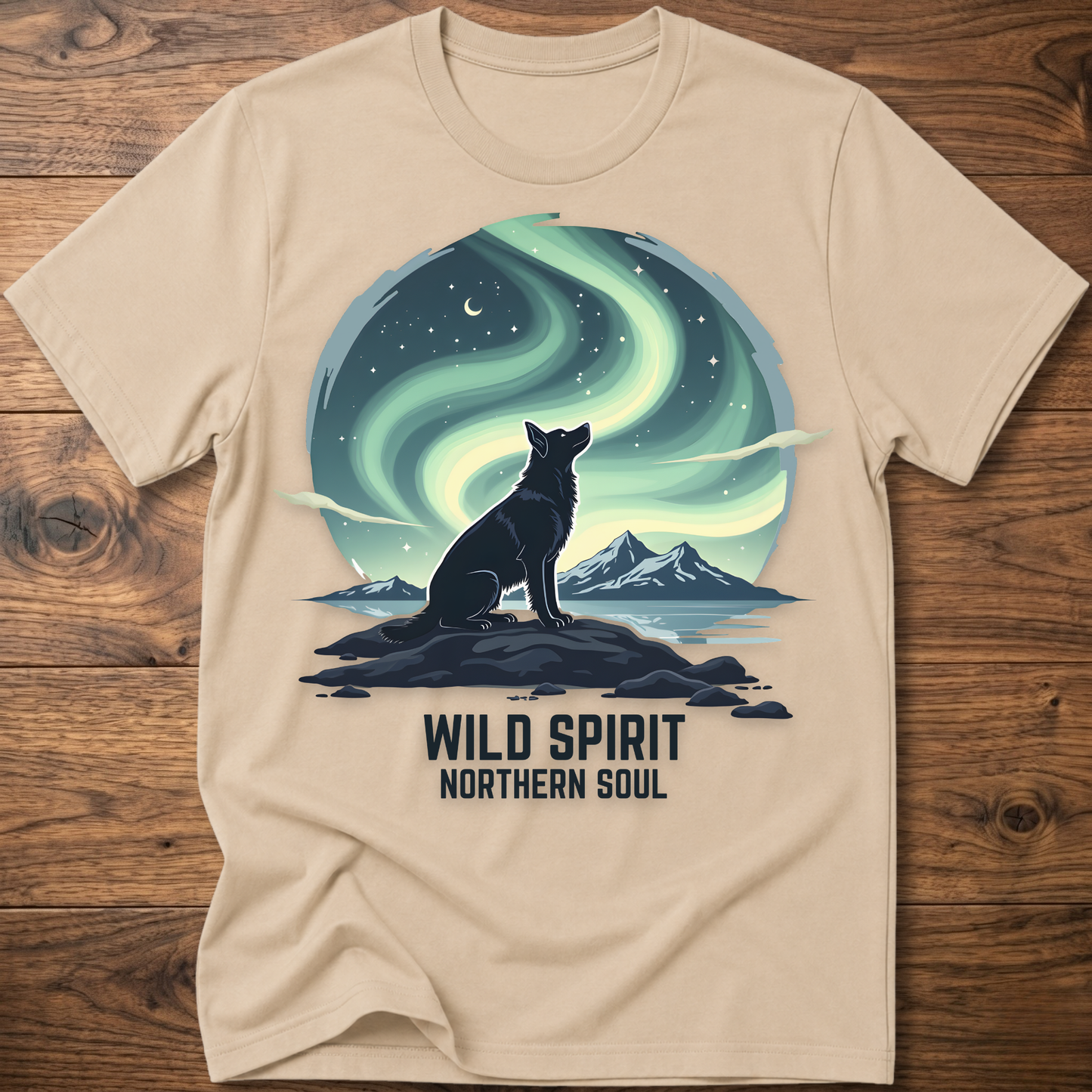 Sand crewneck T-shirt with cat aurora graphic and 'WILD SPIRIT NORTHERN SOUL'