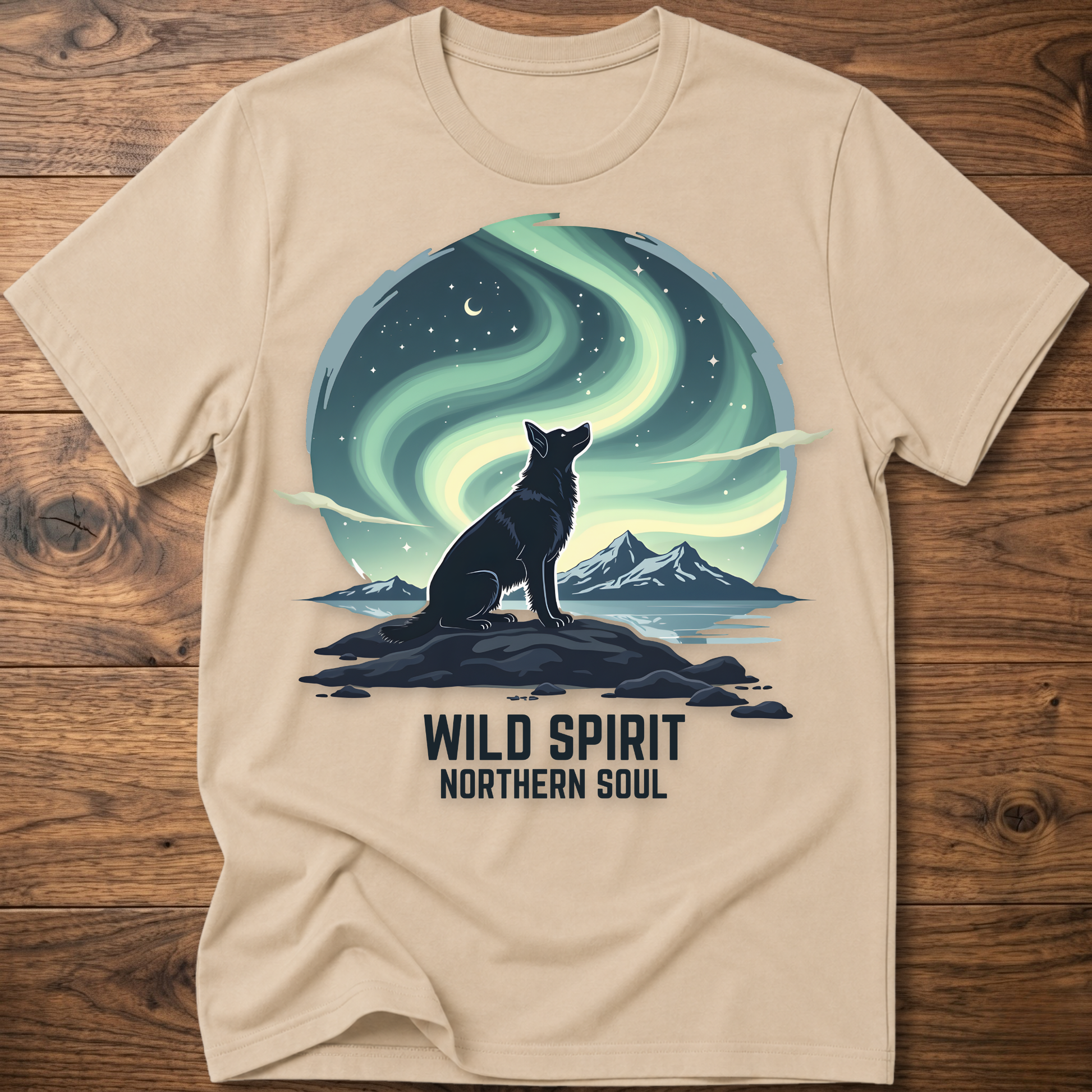Sand crewneck T-shirt with cat aurora graphic and 'WILD SPIRIT NORTHERN SOUL'
