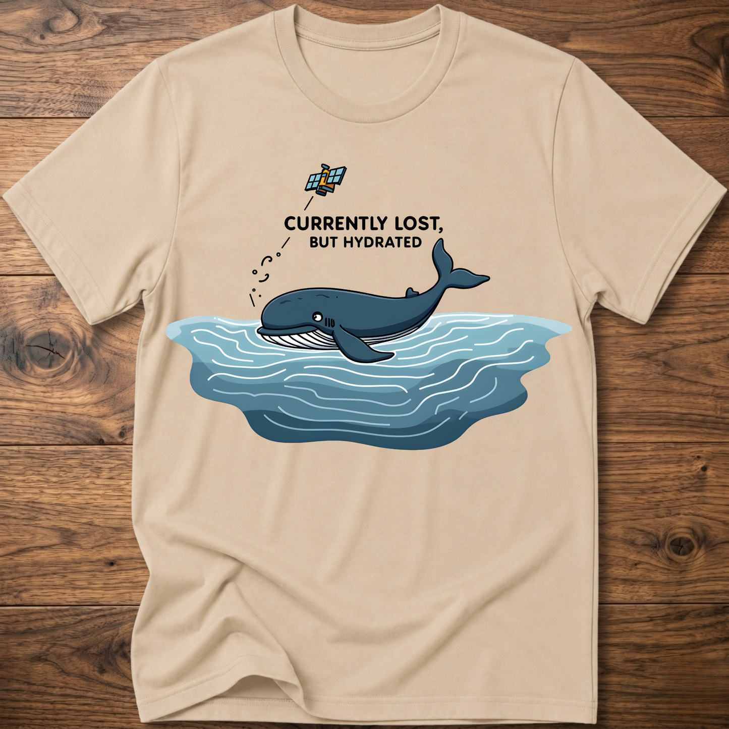 Sand crew-neck T-shirt with whale in water graphic on chest