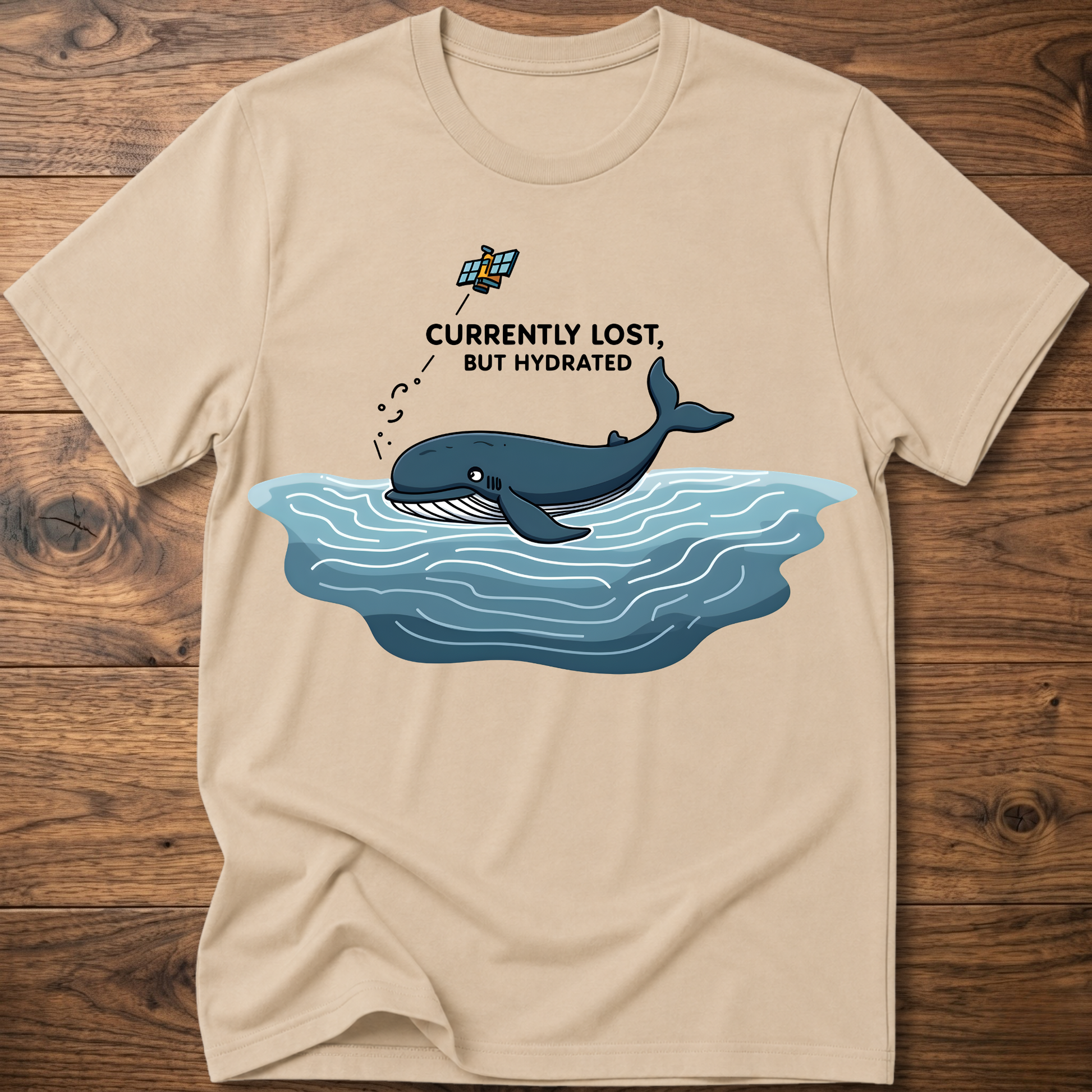 Sand crew-neck T-shirt with whale in water graphic on chest
