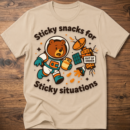 Sand bear graphic t-shirt with cartoon snack scene and 'Out of Order' badge