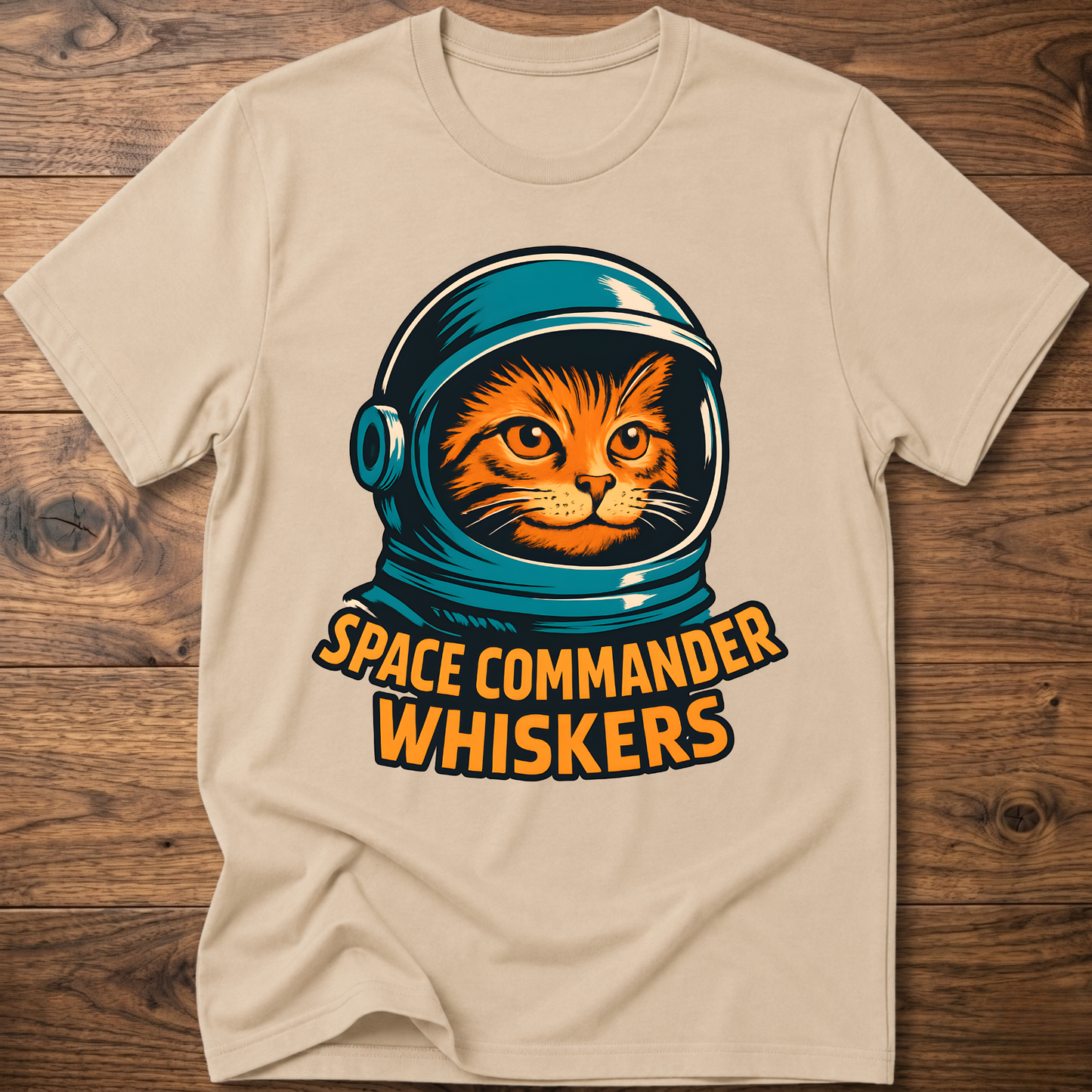 Astronaut cat graphic T-shirt, beige; “SPACE COMMANDER WHISKERS” print