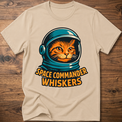 Astronaut cat graphic T-shirt, beige; “SPACE COMMANDER WHISKERS” print