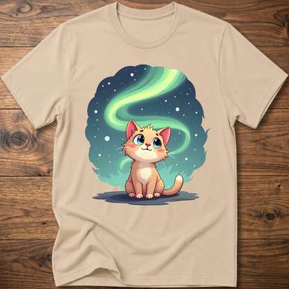 Sand kitty graphic t-shirt with glowing green swirl and cute cat
