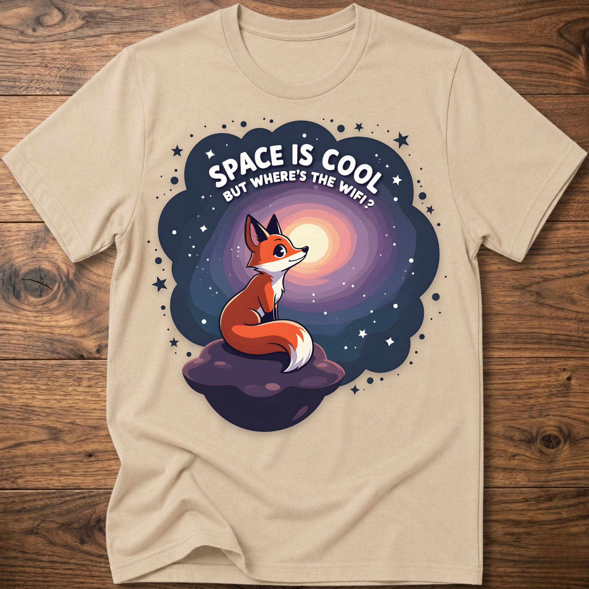 Sand beige t-shirt with cartoon fox in space swirl graphic and “SPACE IS COOL” text