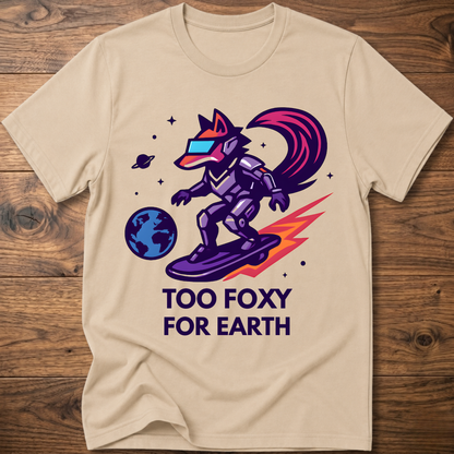 Sand T-shirt with fox astronaut graphic: 'TOO FOXY FOR EARTH'