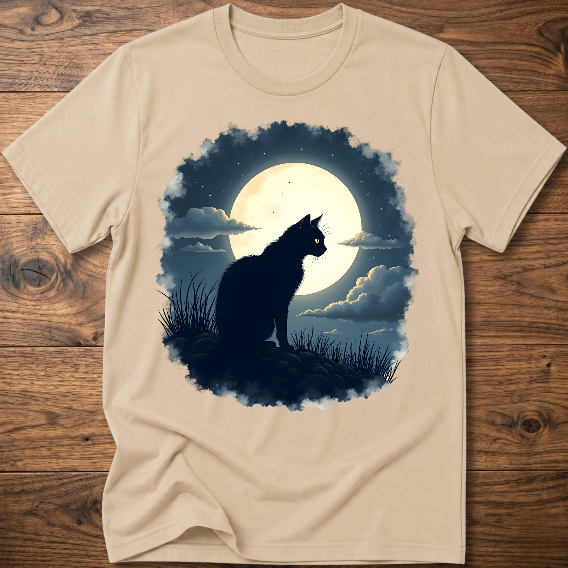 Sand T-shirt with black cat silhouette and full moon night scene print