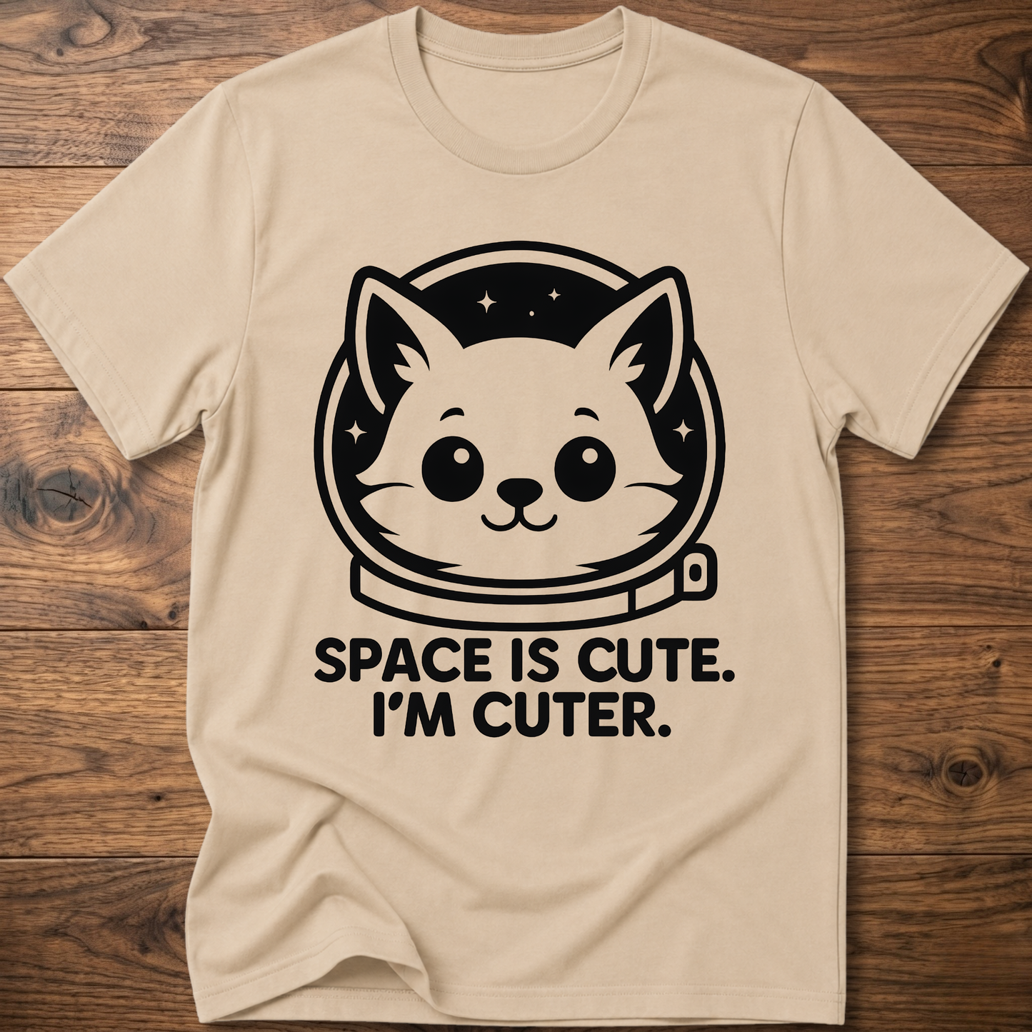 Sand beige T-shirt with space cat face graphic and text "SPACE IS CUTE. I'M CUTER."