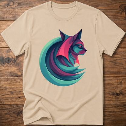 Geometric cat graphic T-shirt, sand beige, crew neck short sleeves