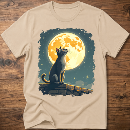 Cream cat graphic t-shirt with moonlit mural print