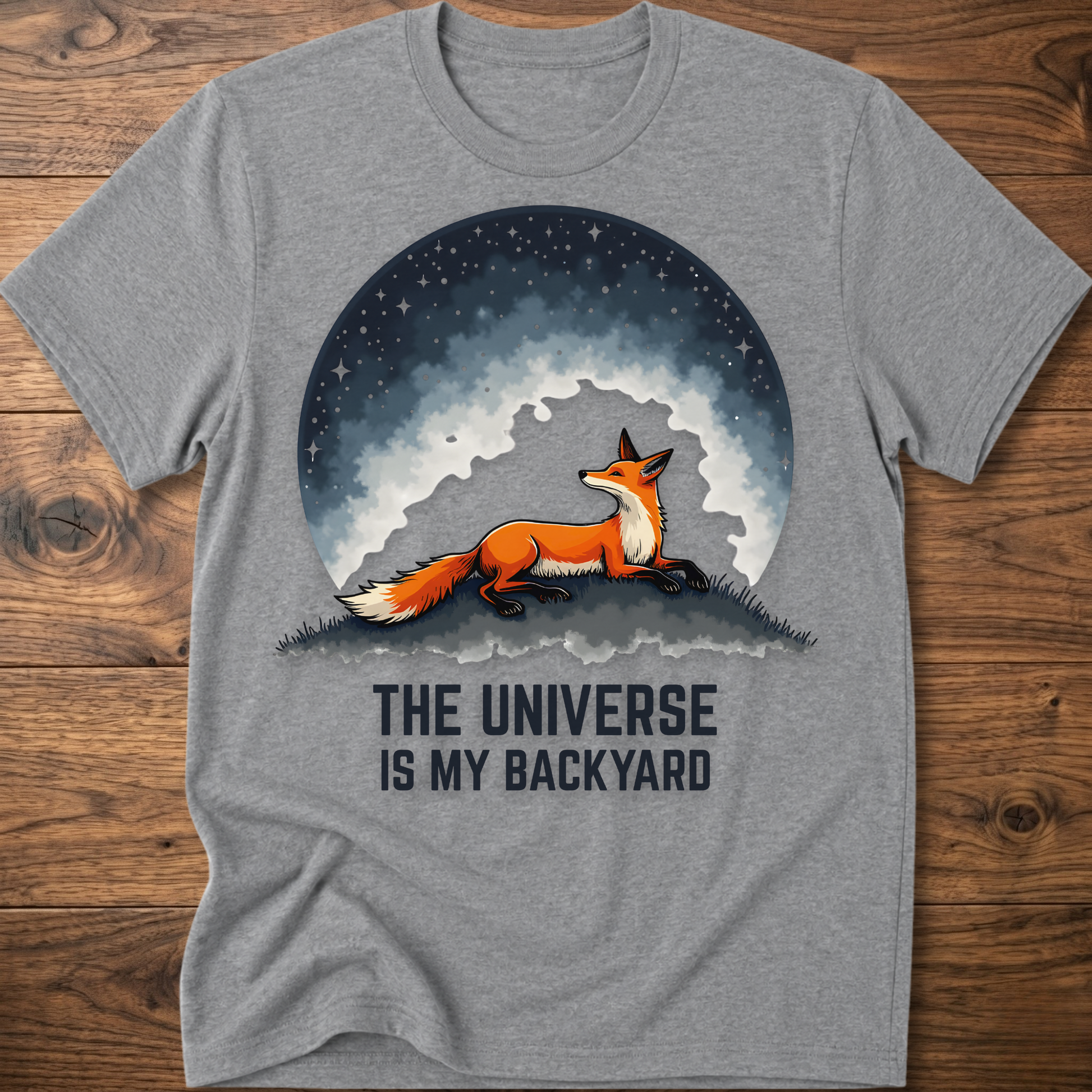 Heather gray crewneck T-shirt with fox under space dome graphic and 'The Universe Is My Backyard'