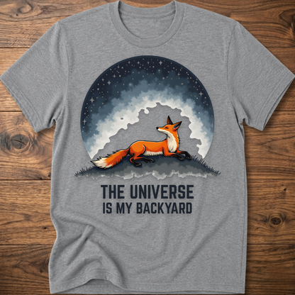 Heather gray crewneck T-shirt with fox under space dome graphic and 'The Universe Is My Backyard'