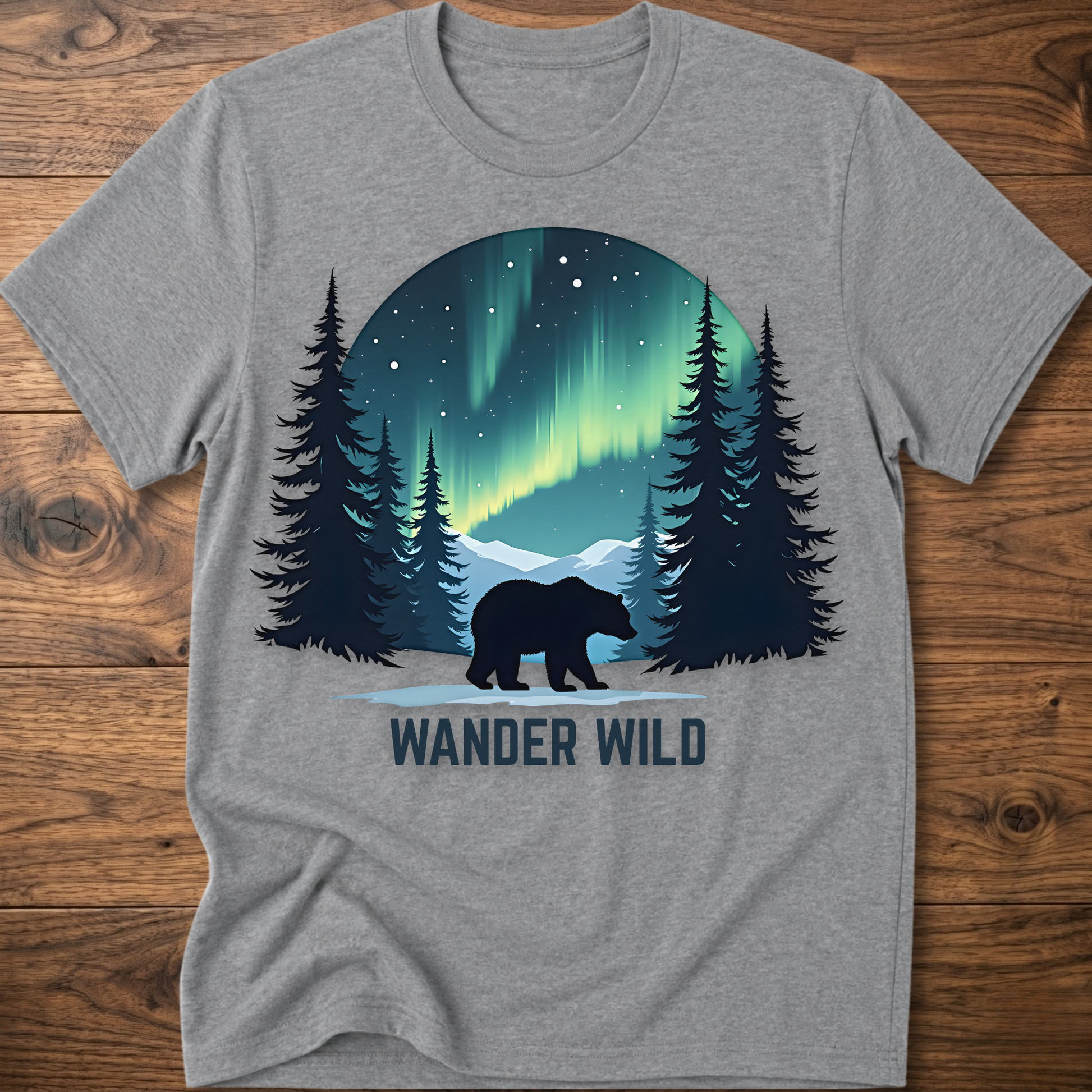 Heather gray crew-neck t-shirt with bear in forest graphic and 'Wander Wild' text