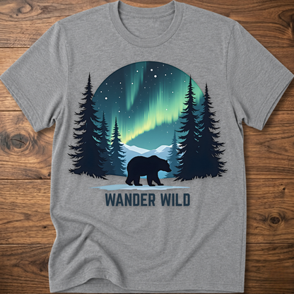 Heather gray crew-neck t-shirt with bear in forest graphic and 'Wander Wild' text