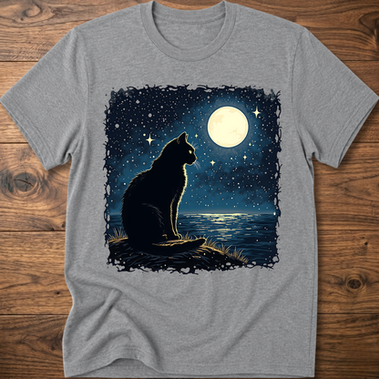 Sport grey T-shirt with black cat under moonlit night sky graphic, short sleeves