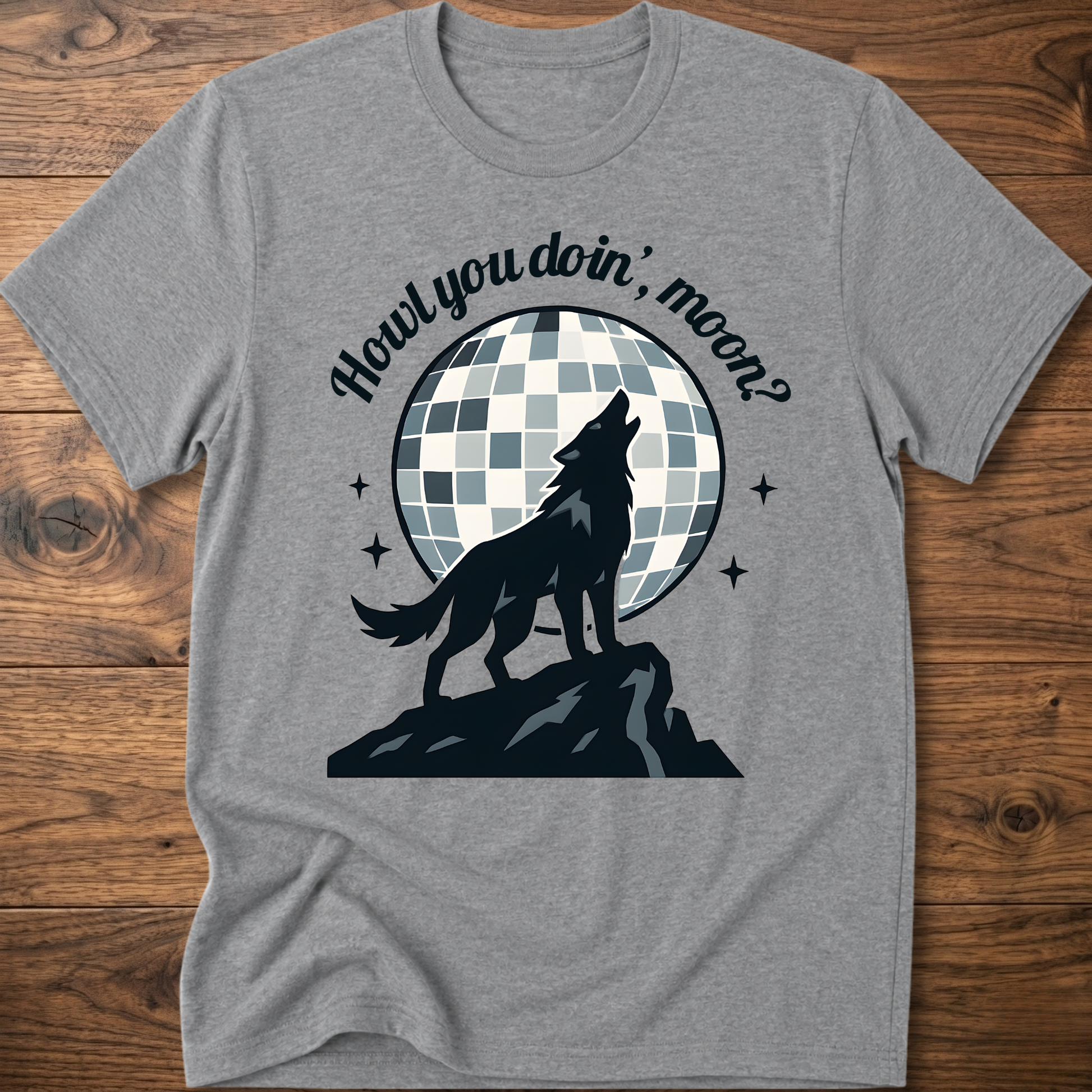 Heather gray wolf graphic T-shirt with circular check background and slogan text