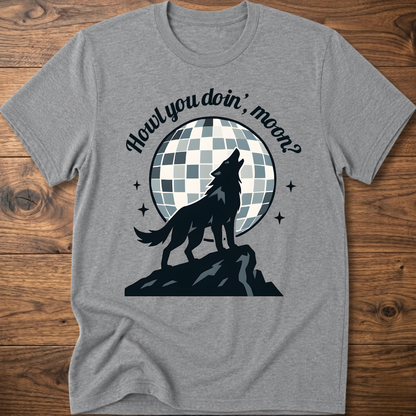 Heather gray wolf graphic T-shirt with circular check background and slogan text