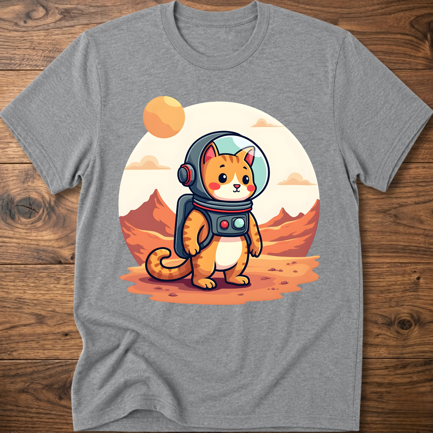 Sport gray crew-neck T-shirt with astronaut cat graphic in the center