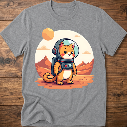 Sport gray crew-neck T-shirt with astronaut cat graphic in the center