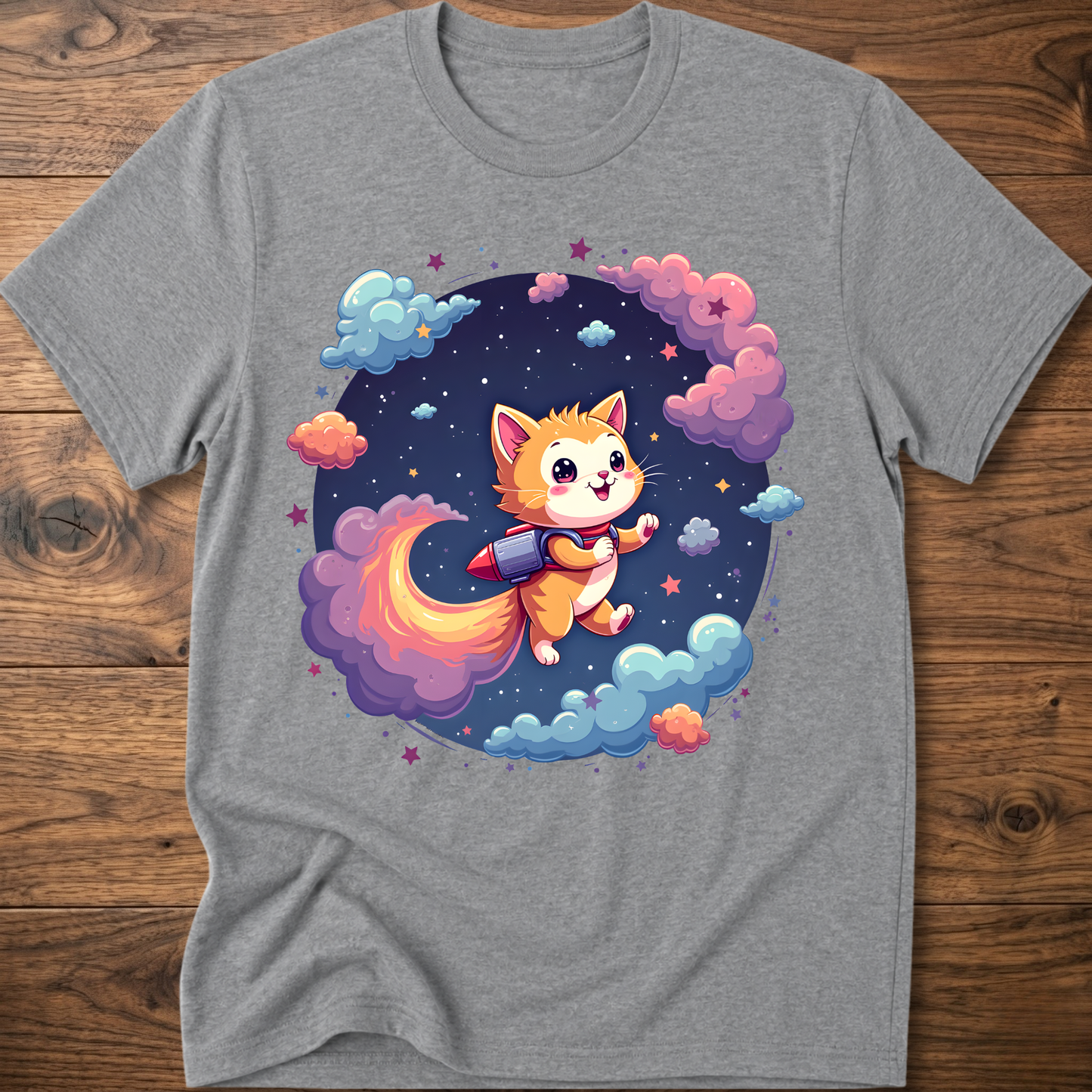 Sport grey kids' graphic T-shirt with smiling orange astronaut cat in a galaxy wreath